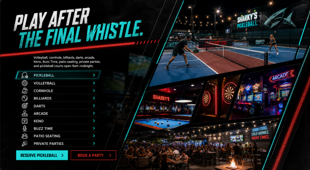 Play after the final whistle with pickleball, volleyball, cornhole, billiards, darts, arcade, Keno, Buzz Time, patio seating, and private parties.