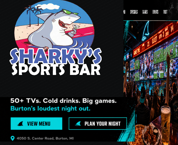Sharky's Sports Bar mobile hero with menu and plan your night buttons.