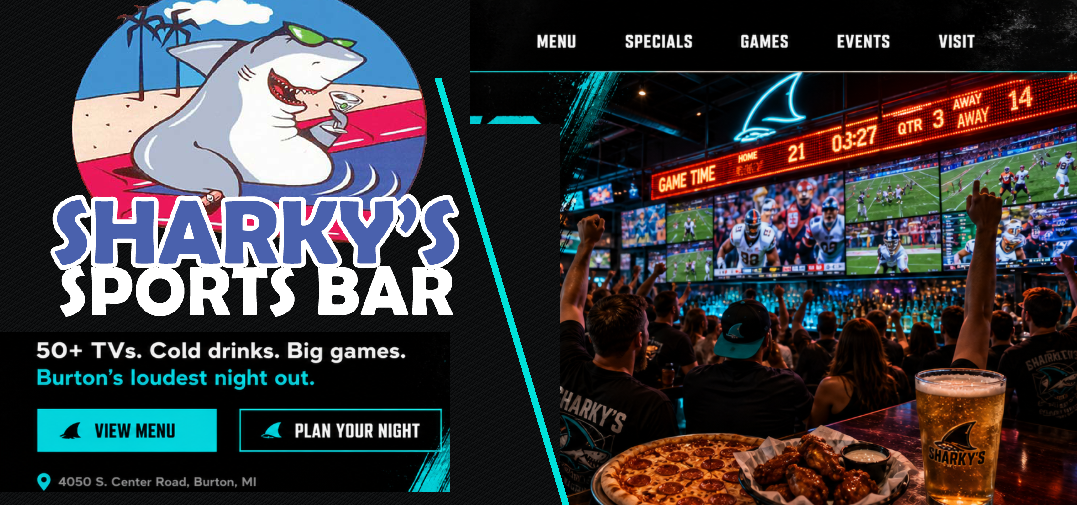 Sharky's Sports Bar in Burton, MI with 50 plus TVs, cold drinks, big games, menu and plan your night calls to action.