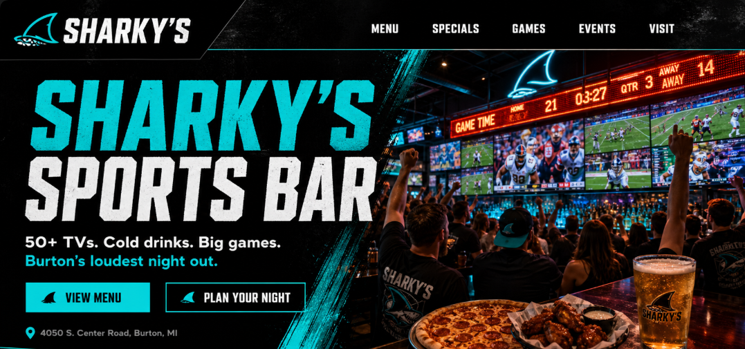 Sharky's Sports Bar in Burton, MI with 50 plus TVs, cold drinks, big games, menu and plan your night calls to action.